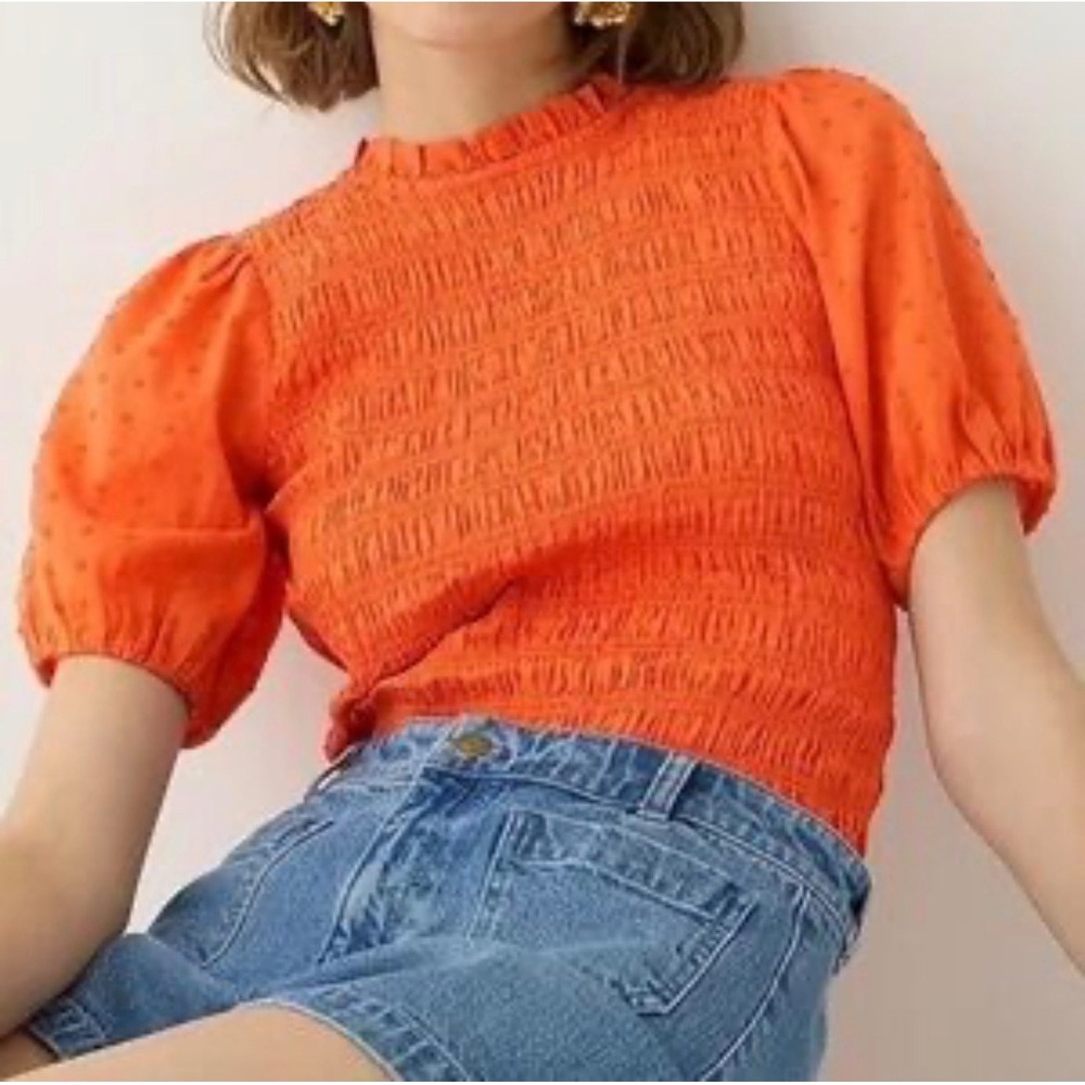 J.Crew Smocked Puff Sleeve Top Womens Small Orange Excellent‎ Clip Dot Blouse